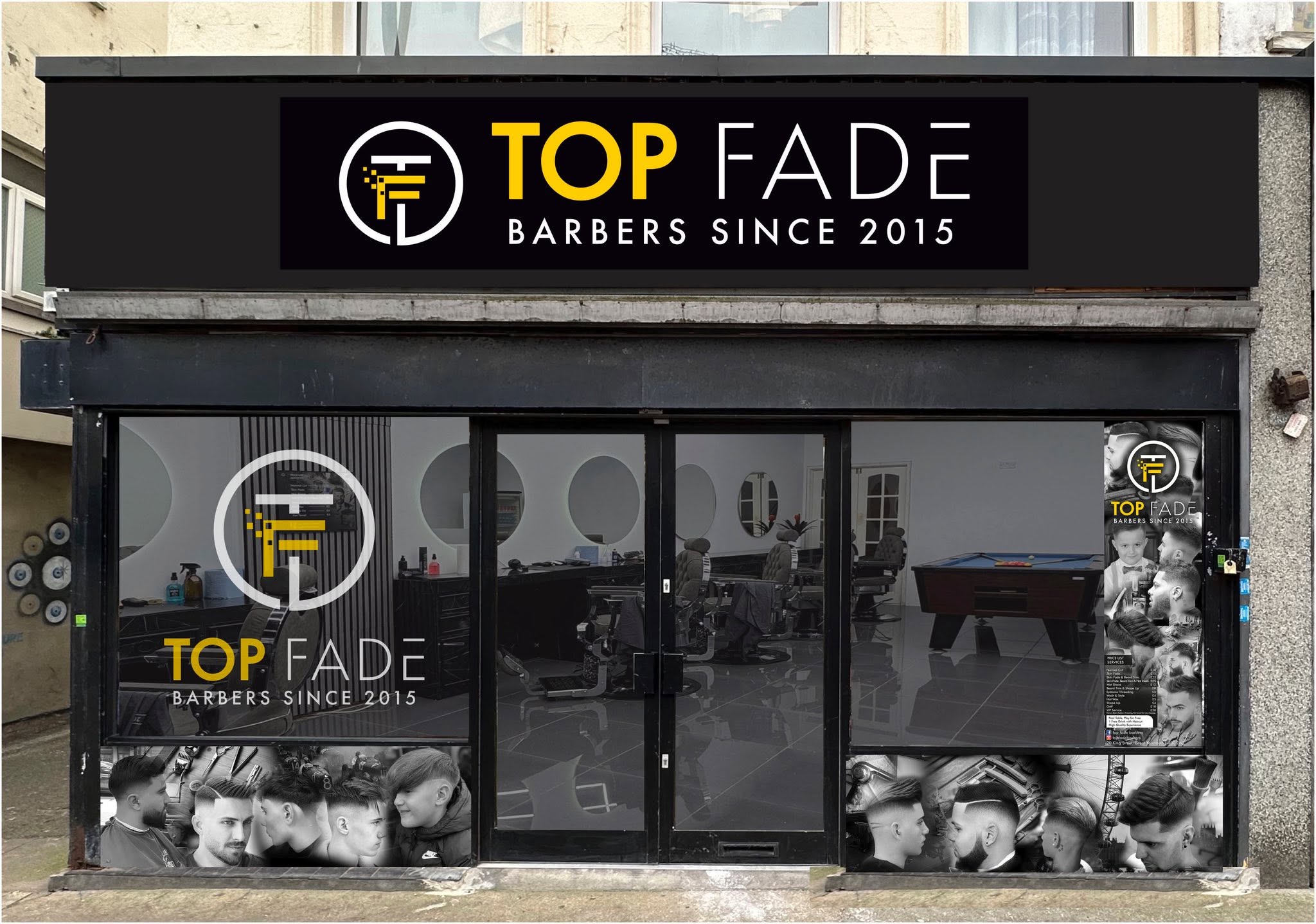 Interior view of Top Fade Barber Shop chairs and styling stations